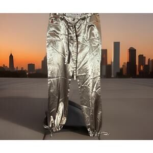Mudd Cargo Like Women Sz 7 Pants Gold Satin Pants With Tie Belt Date Night